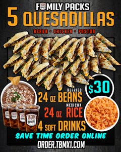 5 Quesadillas, Beans, Rice, Soft Drinks Image