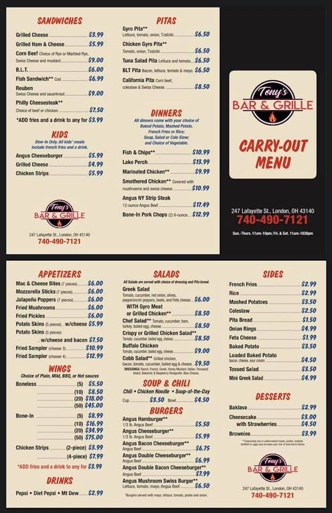 Menu TONY'S BAR & GRILL