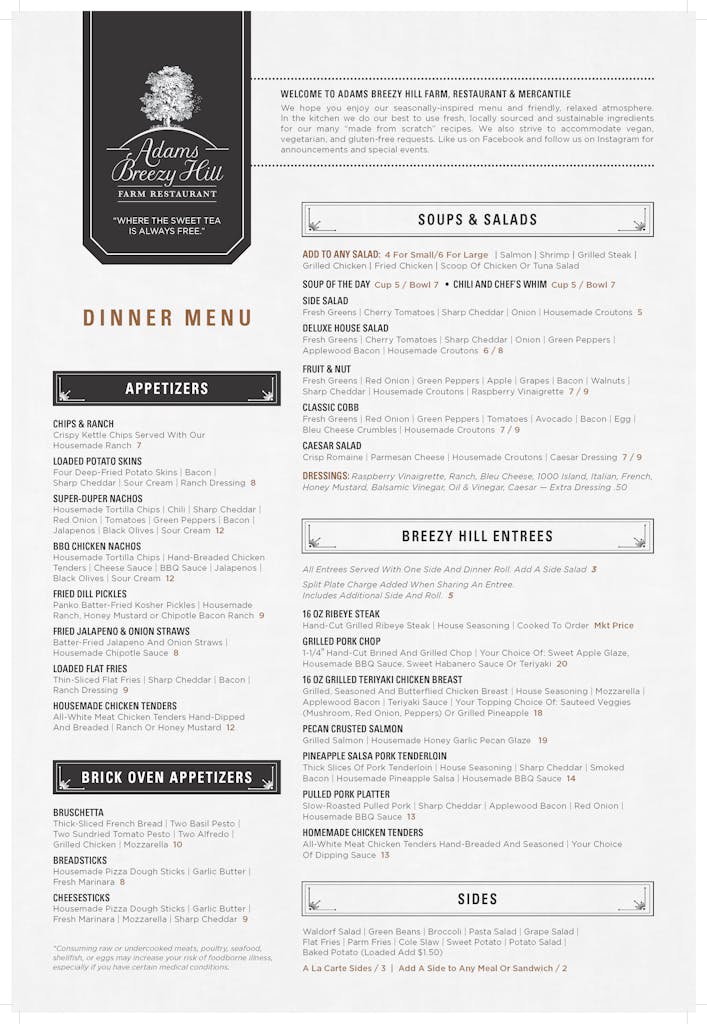 Menu Adams Breezy Hill Farm Restaurant