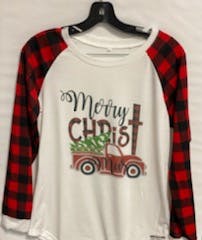 Long sleeve Buffalo Plaid Merry Christmas Truck Image