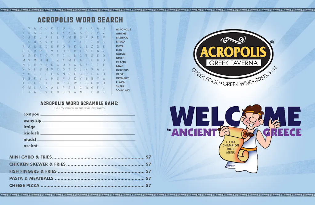 Kids Menu Acropolis Riverview Restaurant