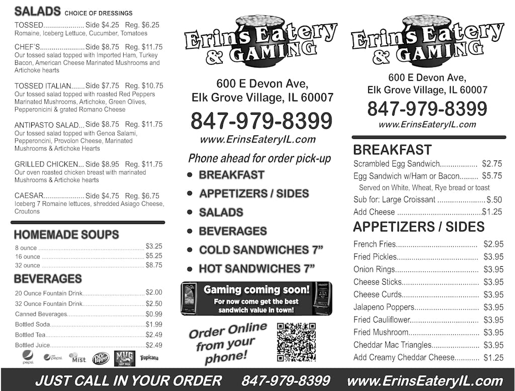 Menu Erin's Eatery & Gaming