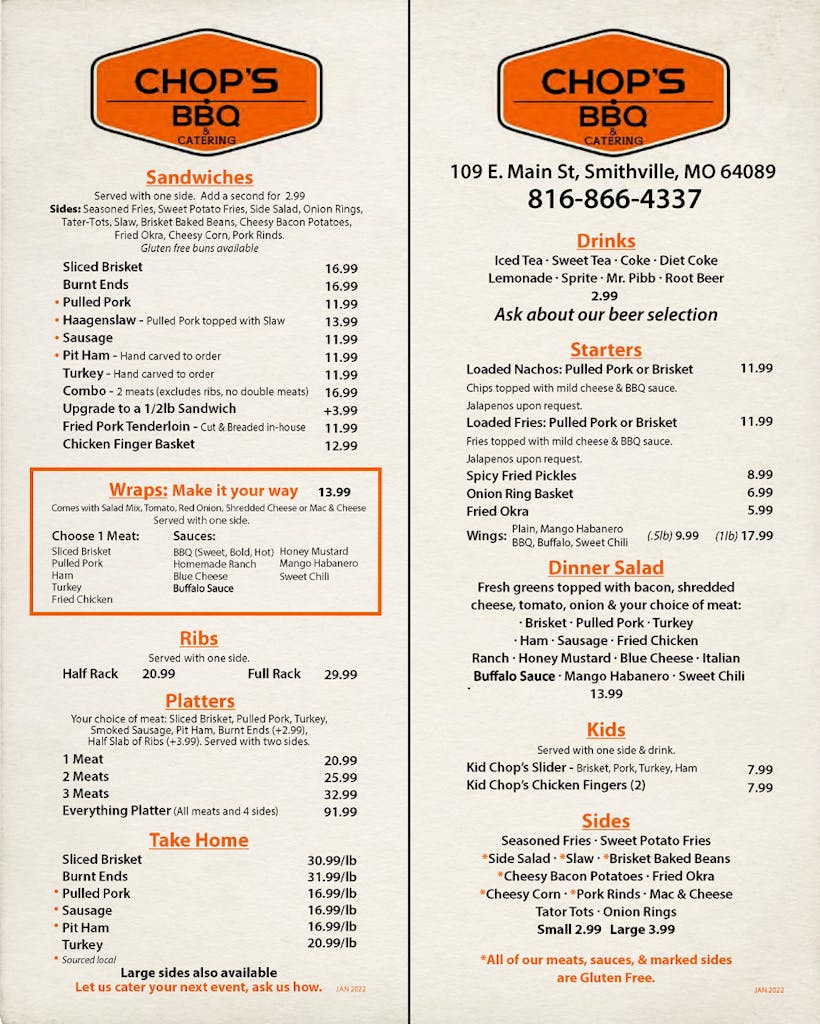 Menu Chop's BBQ & Catering