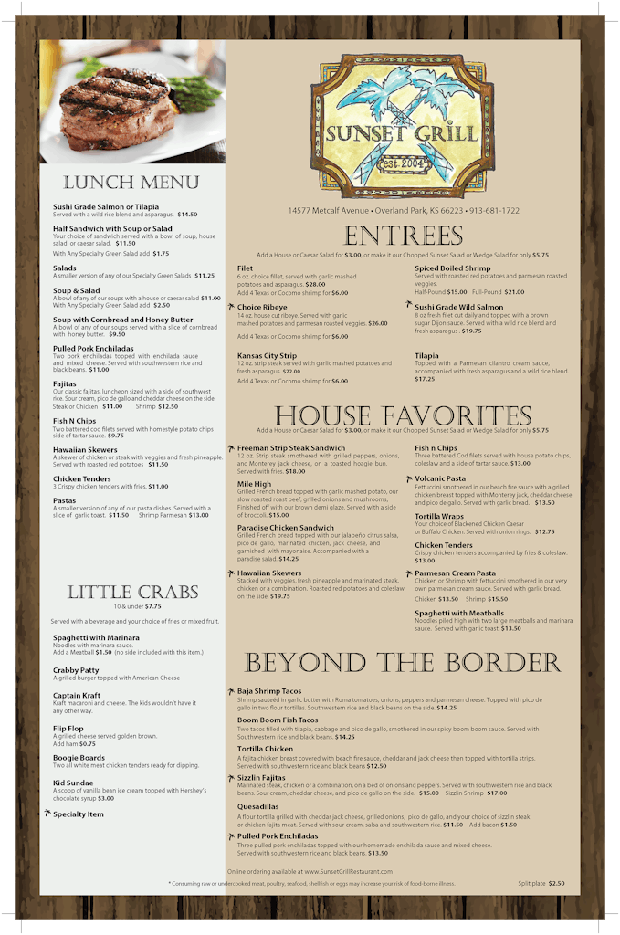 Menu Sunset Grill