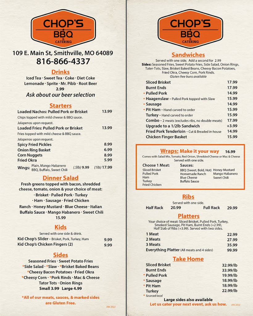 Menu Chop's BBQ and Catering