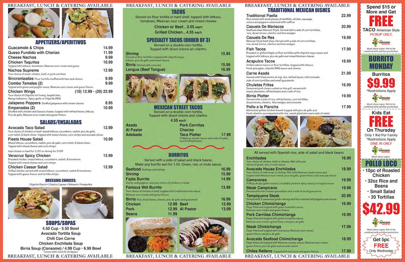 Menu The Avocado Mexican Grill