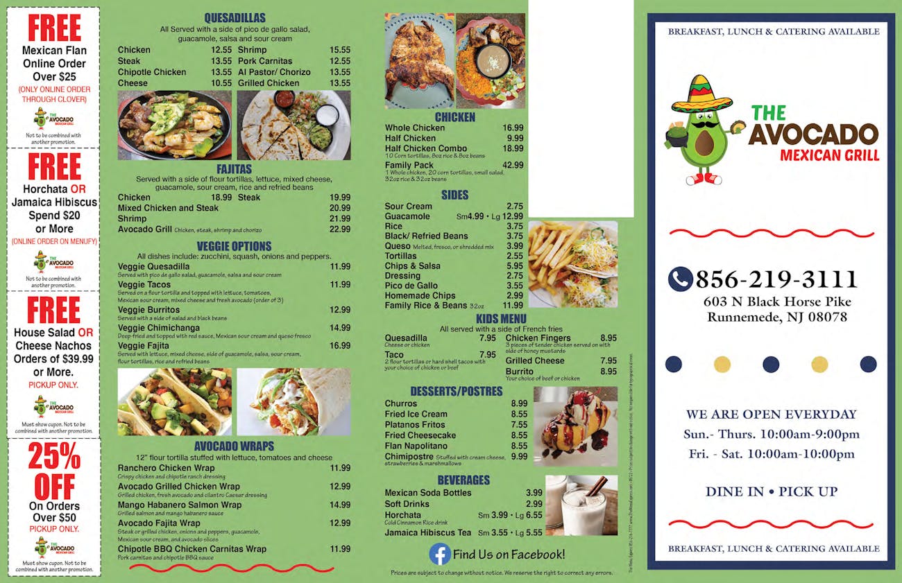 Menu The Avocado Mexican Grill