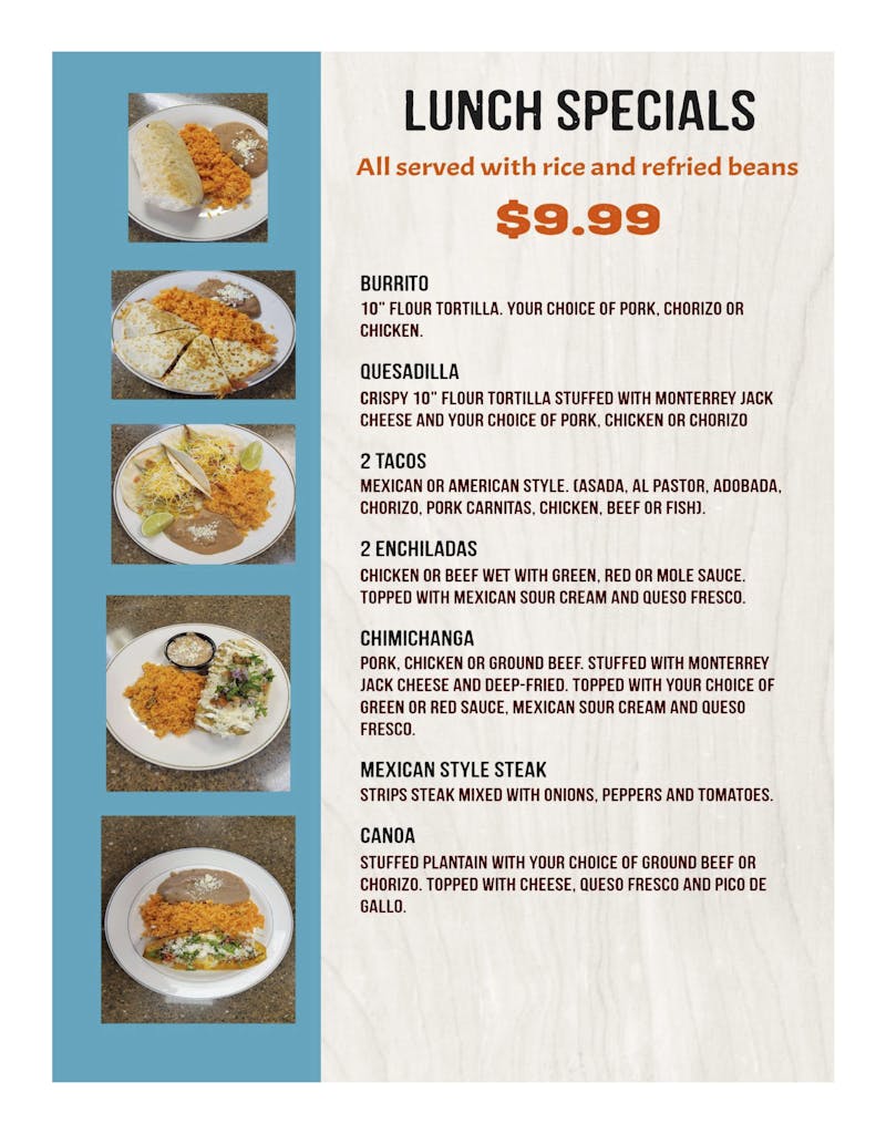 Menu The Avocado Mexican Grill