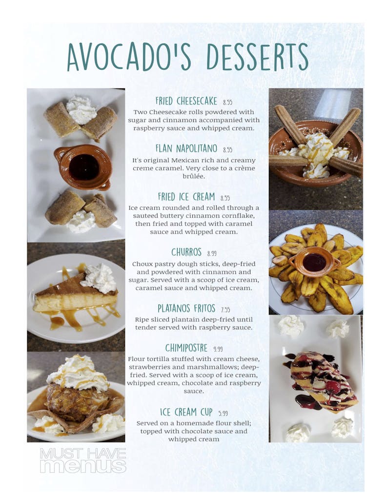 Menu The Avocado Mexican Grill