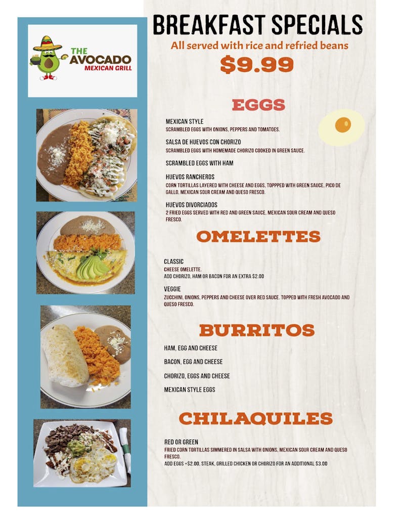 Menu The Avocado Mexican Grill