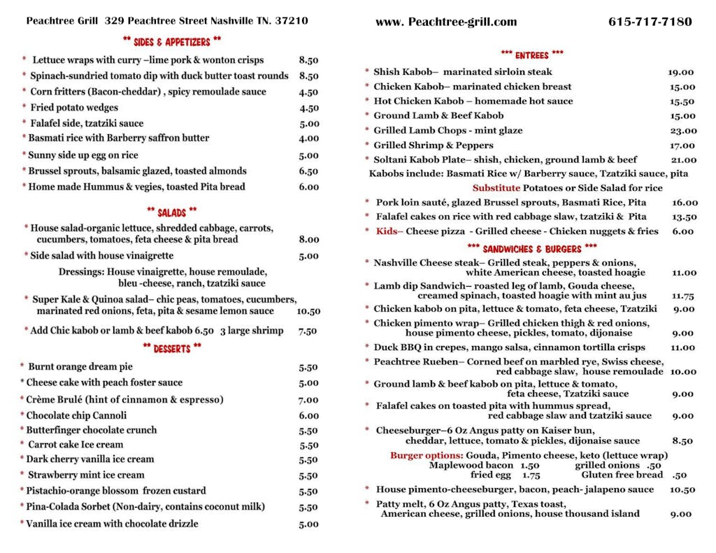 Menu Peachtree Grill