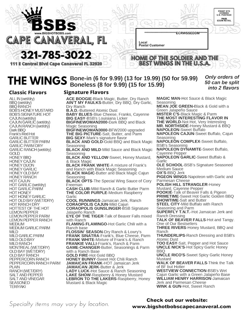 Big Shot Bobs House of Wings  Home of the Soldier and the Best Wings in  the U.S.A.