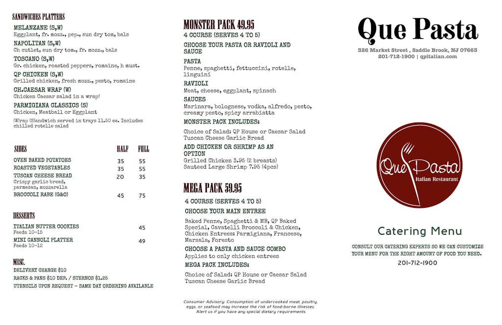 Catering Menu Que Pasta