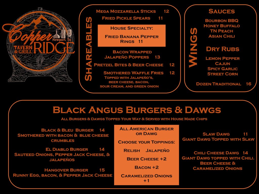 Raspberry Ridge Grill Menu Menu - COPPER RIDGE GRILL & TAVERN