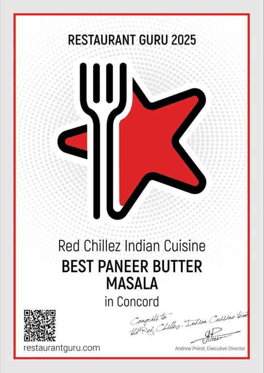 2025 Restaurant Guru Award for serving the Best Paneer Butter Masala in Concord