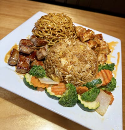 Asian food, meats, rice, veggies, noodles