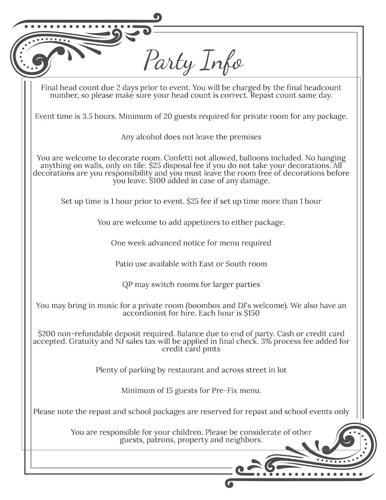 Private Events Catering Menu