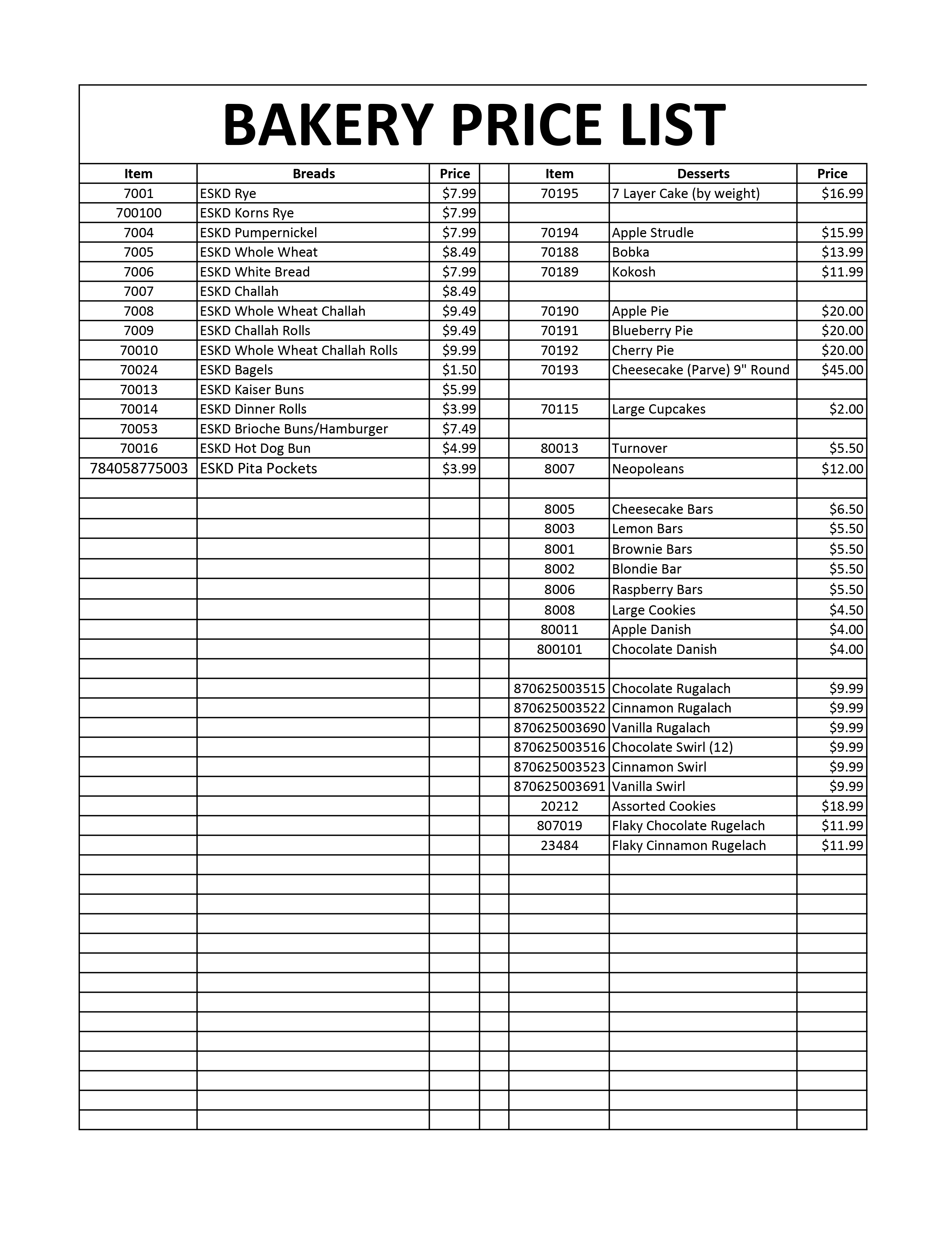 Bakery Price List January 2026