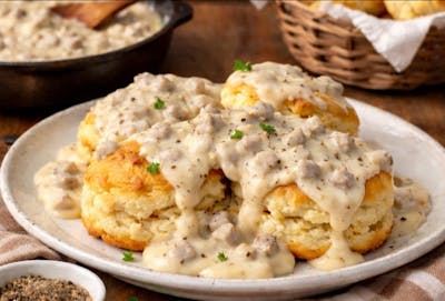 biscuits and gravy, a traditional Southern American breakfast dish consisting of soft dough biscuits smothered in a rich, white sausage gravy