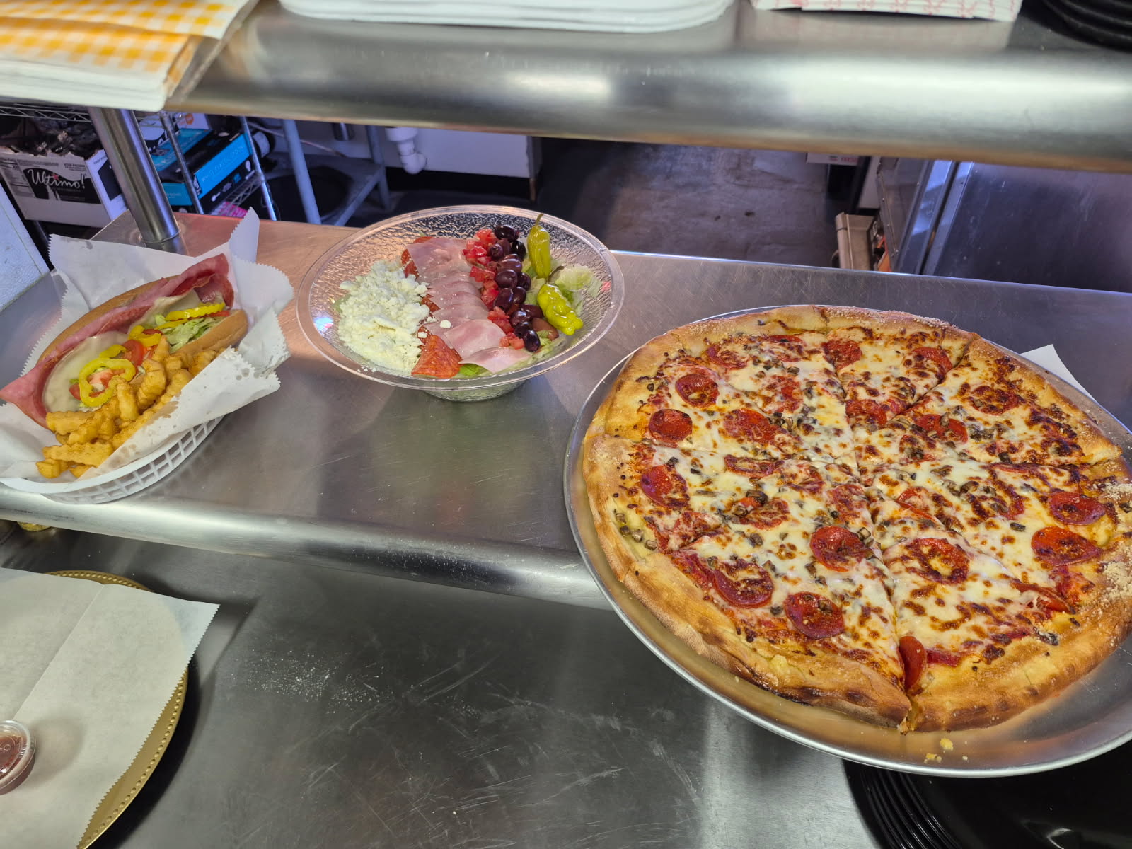 pizza, salad, and sandwich