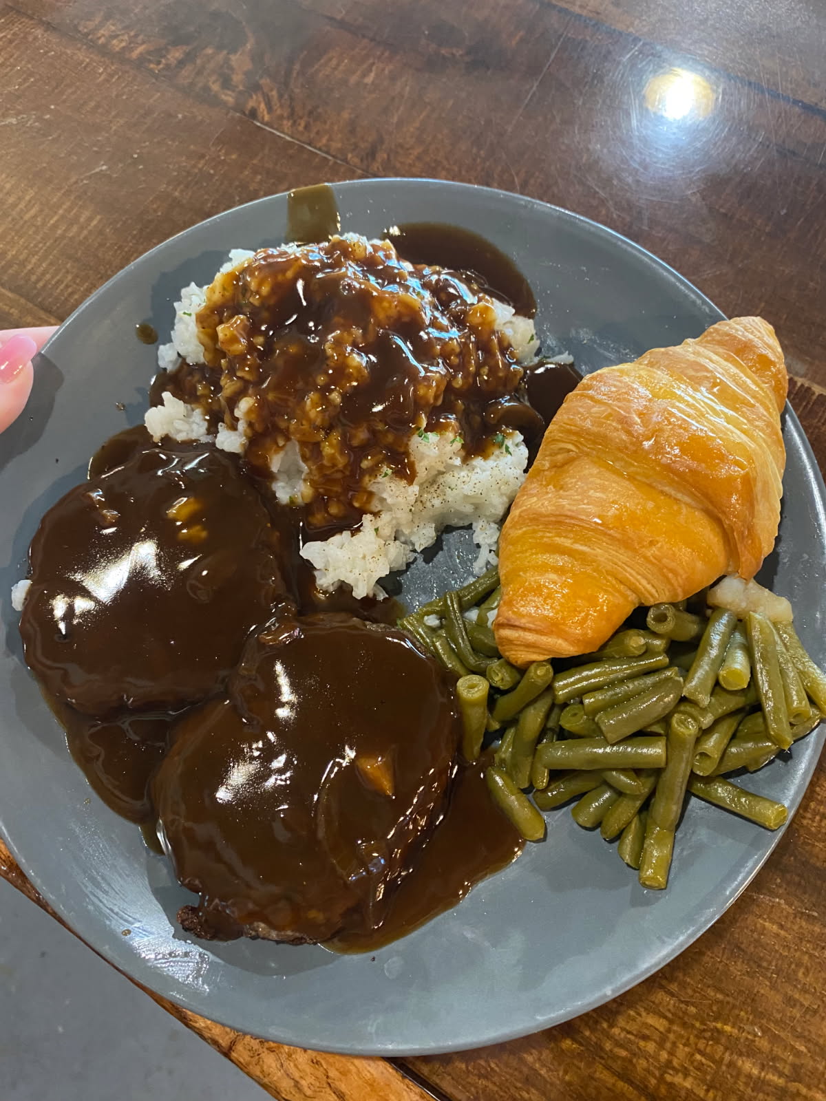 meat rice, green beans, croissant