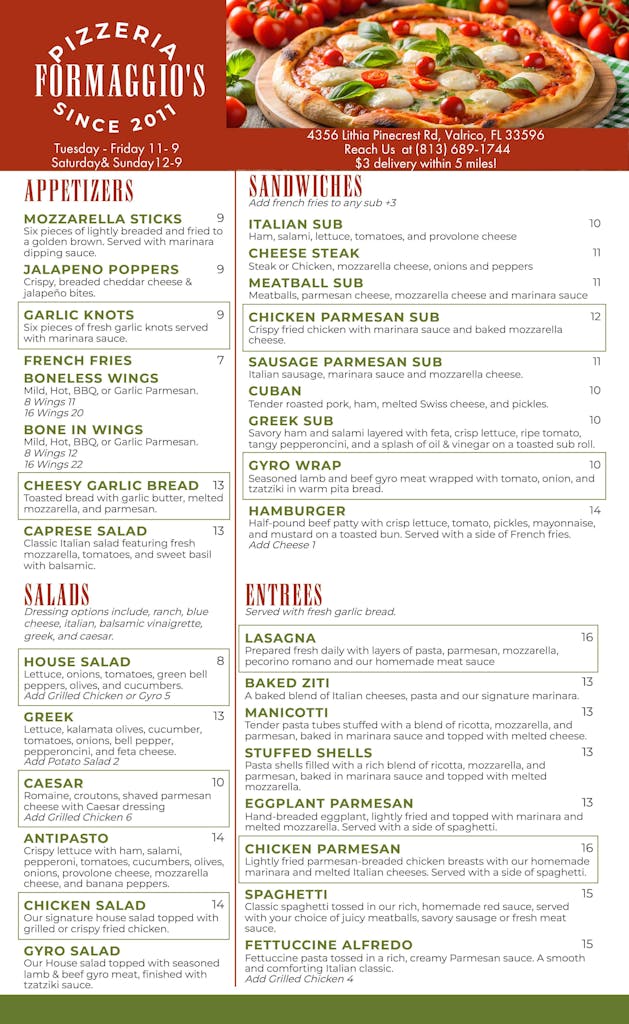 Formaggio's Menu Page 1