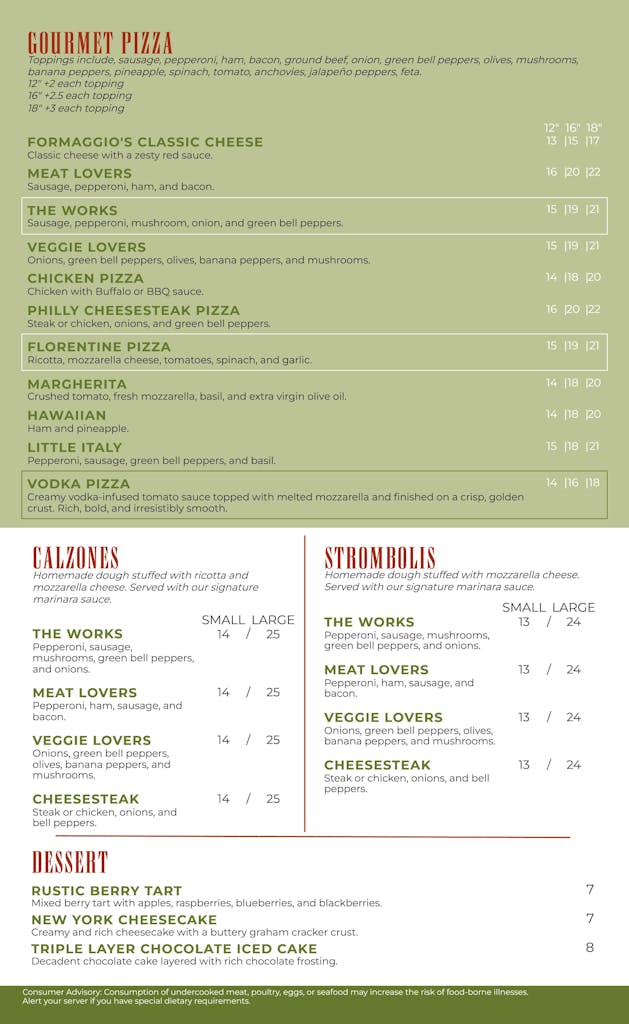 Formaggio's Menu Page 2