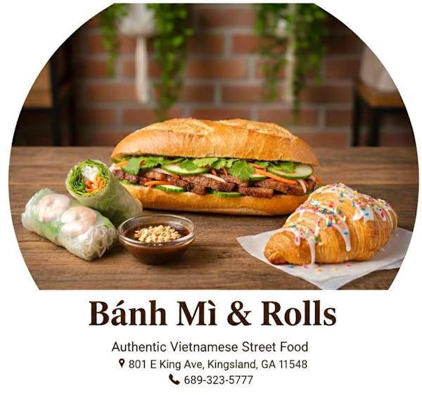 a picture of a Bánh mì sandwich, fresh spring rolls, and a croissant from Banh Mi & Rolls