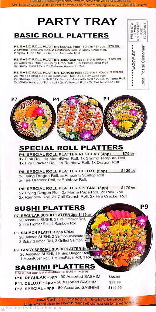 Kame Sushi Party Tray Menu