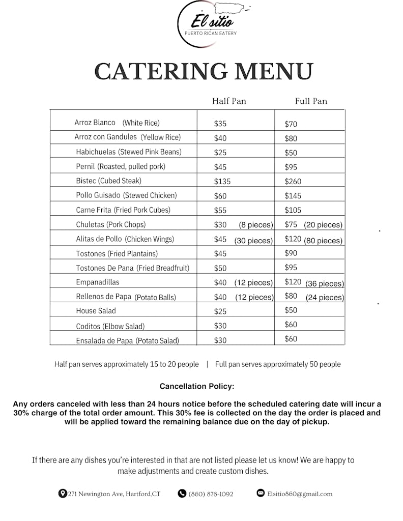 El Sitio catering menu
